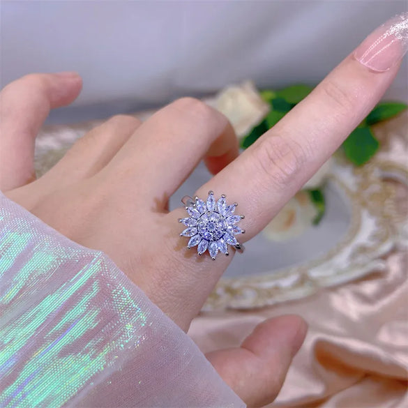 Rotating Moving Ring Flower Zircon Super Flash Ring Opening Color Retention Niche Design Fashion Hand Accessories Female Fashion