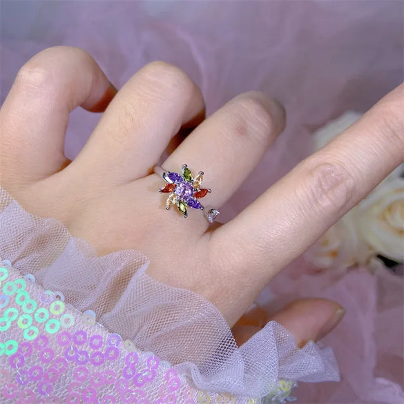 Rotating Moving Ring Flower Zircon Super Flash Ring Opening Color Retention Niche Design Fashion Hand Accessories Female Fashion