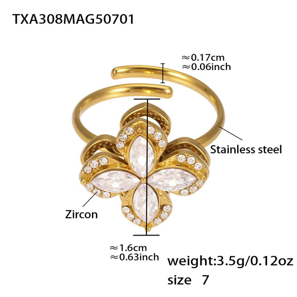 Rotating Super Flash Zircon Fourpetal Flower Jewelry Set In Titanium Steel With Electroplating For Women