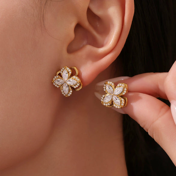Rotating Super Flash Zircon Fourpetal Flower Jewelry Set In Titanium Steel With Electroplating For Women