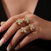 Rotating Super Flash Zircon Fourpetal Flower Jewelry Set In Titanium Steel With Electroplating For Women