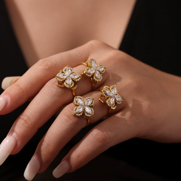 Rotating Super Flash Zircon Fourpetal Flower Jewelry Set In Titanium Steel With Electroplating For Women