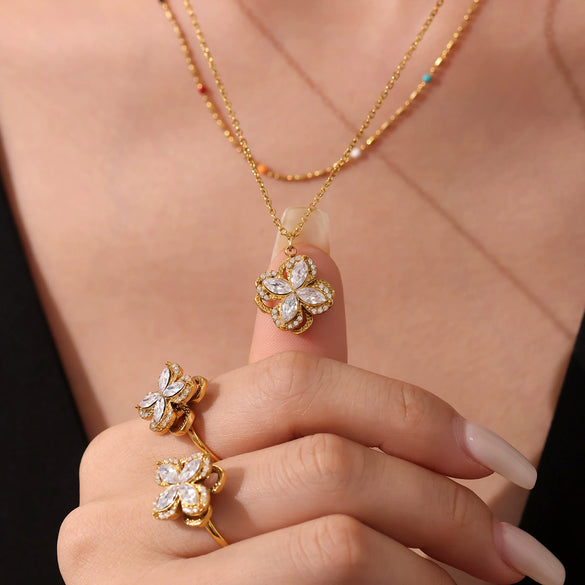 Rotating Super Flash Zircon Fourpetal Flower Jewelry Set In Titanium Steel With Electroplating For Women