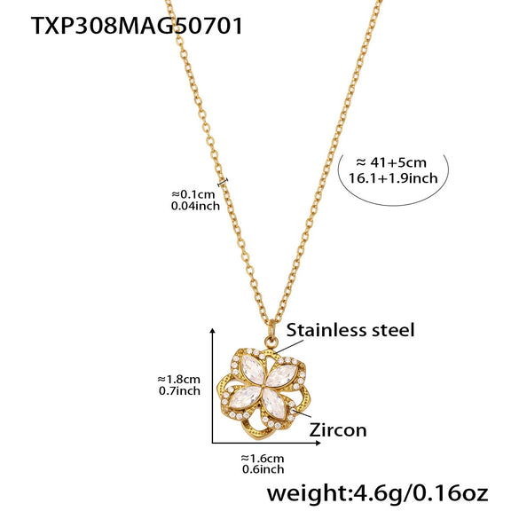 Rotating Super Flash Zircon Fourpetal Flower Jewelry Set In Titanium Steel With Electroplating For Women