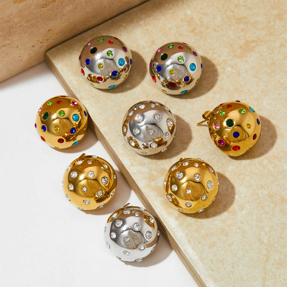 Round Ball Round Stud Earrings In Titanium Steel With Geometric Pattern And Electroplating