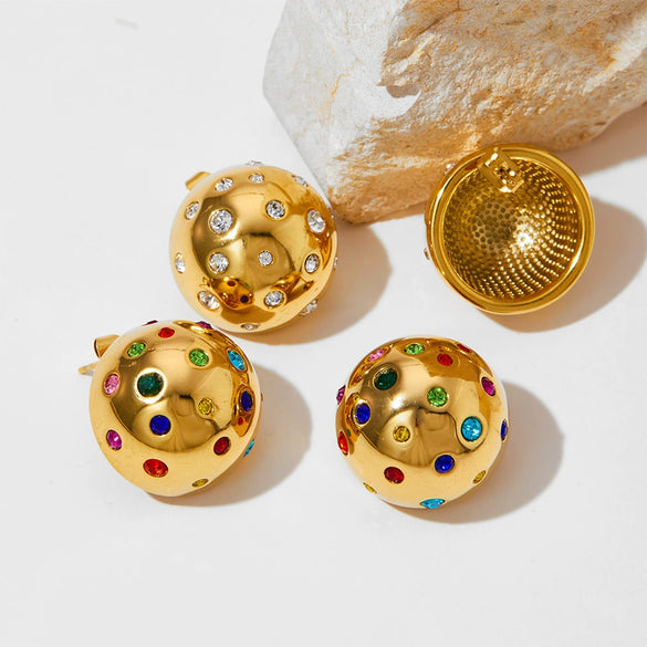 Round Ball Round Stud Earrings In Titanium Steel With Geometric Pattern And Electroplating