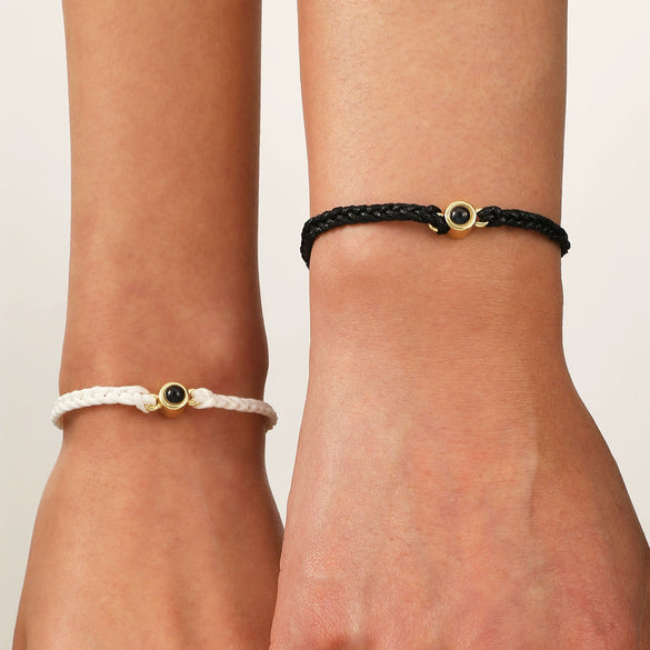 Round Bead Projection Hand Woven Cord Couple Bracelet In Powder Blue Black And White