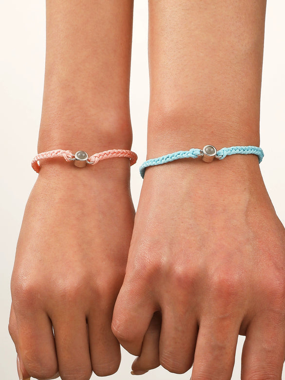 Round Bead Projection Hand Woven Cord Couple Bracelet In Powder Blue Black And White