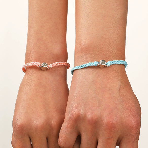 Round Bead Projection Hand Woven Cord Couple Bracelet In Powder Blue Black And White