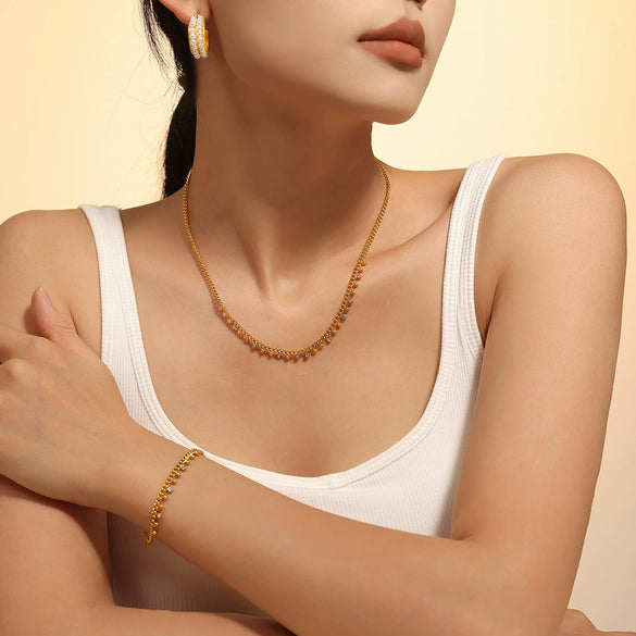 Round Bead Spacer Diamond Tassel Necklace And Niche Bracelet Titanium Steel 18K True Gold Plated