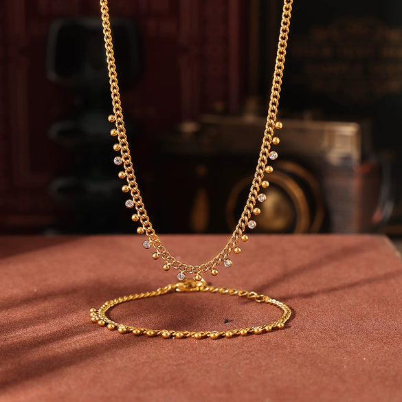 Round Bead Spacer Diamond Tassel Necklace And Niche Bracelet Titanium Steel 18K True Gold Plated
