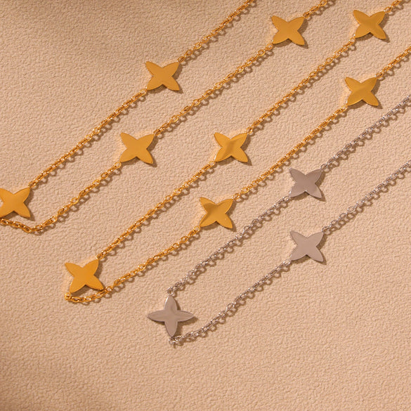 Round Bead Zircon Stacked Lucky Four Leaf Flower Small Clavicle Chain Light Luxury Necklace In Stainless Steel With Electroplating For Women