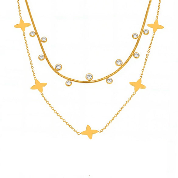 Round Bead Zircon Stacked Lucky Four Leaf Flower Small Clavicle Chain Light Luxury Necklace In Stainless Steel With Electroplating For Women