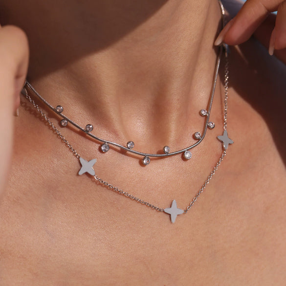 Round Bead Zircon Stacked Lucky Four Leaf Flower Small Clavicle Chain Light Luxury Necklace In Stainless Steel With Electroplating For Women