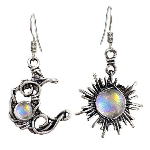 Round Chrysanthemum Bohemian Vintage Sun Moon Earrings Alloy Electroplated Moonstone Asymmetric