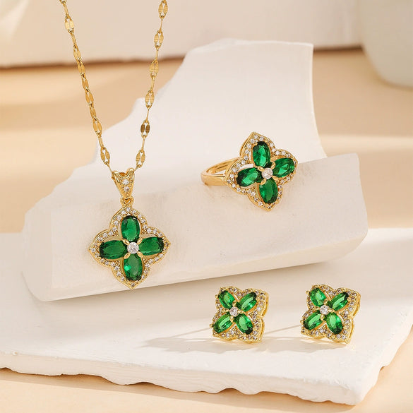 Round Chrysanthemum Four Leaf Clover Titanium Steel Jewelry Set With Gemstone Inlaid And Electroplated For Women
