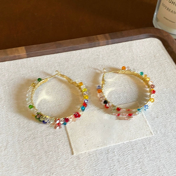 Round Crystal Wrap Earrings Silver Needle Metal Hand Knitting