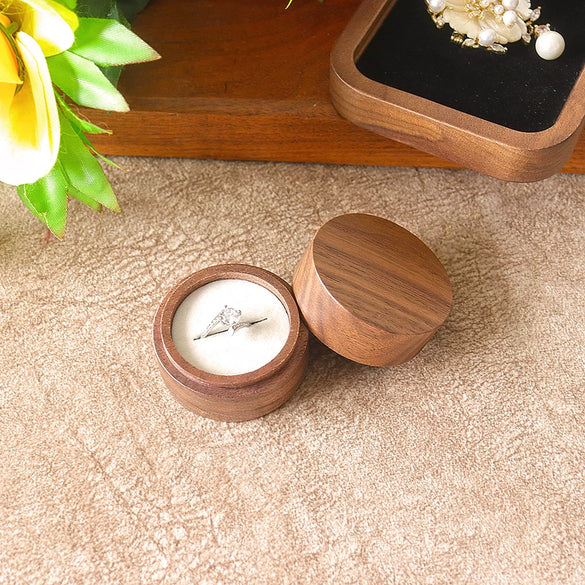 Round Double Ring Box Jewelry Display And Storage Box In Black Walnut Wood