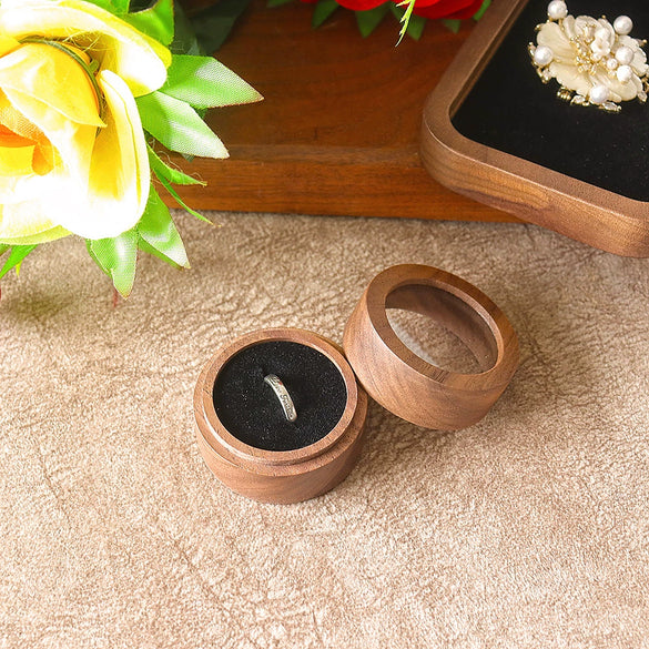 Round Double Ring Box Jewelry Display And Storage Box In Black Walnut Wood