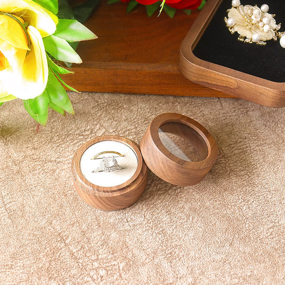 Round Double Ring Box Jewelry Display And Storage Box In Black Walnut Wood