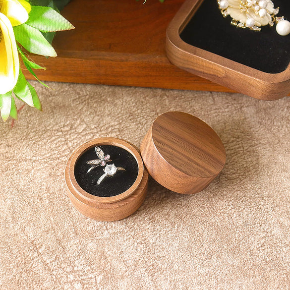Round Double Ring Box Jewelry Display And Storage Box In Black Walnut Wood