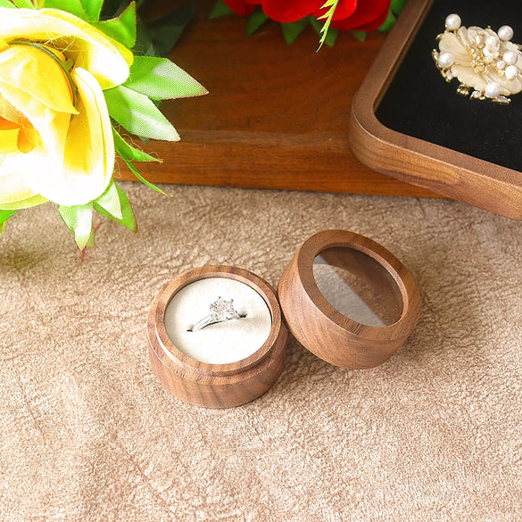 Round Double Ring Box Jewelry Display And Storage Box In Black Walnut Wood