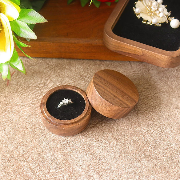 Round Double Ring Box Jewelry Display And Storage Box In Black Walnut Wood