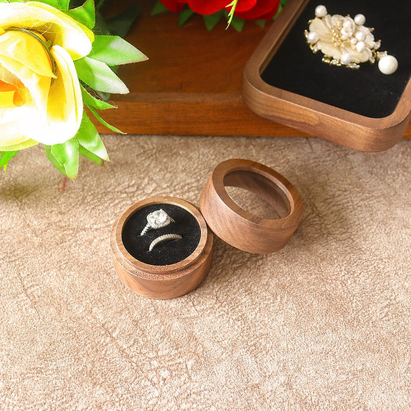 Round Double Ring Box Jewelry Display And Storage Box In Black Walnut Wood