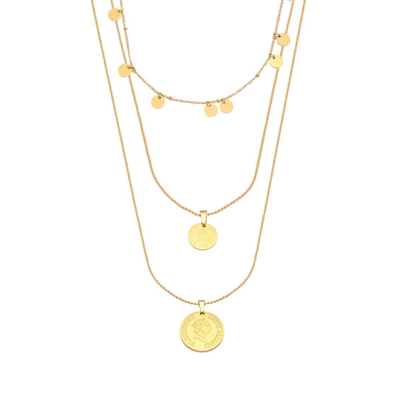 Round Medal Queen Portrait Multilayer Clavicle Necklace In Stainless Steel And Titanium Steel With Electroplating For Women Geometric Style
