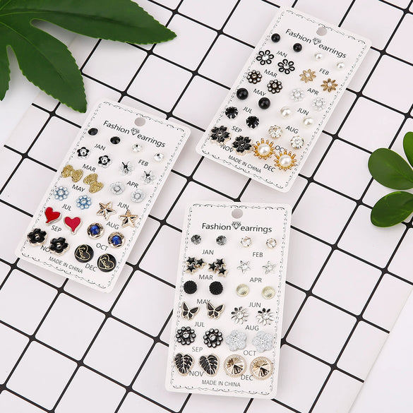 Round Rhinestone Crystal Flower Alloy Earrings Electroplated Set On Paper Card For Women