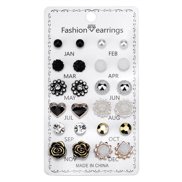 Round Rhinestone Crystal Flower Alloy Earrings Electroplated Set On Paper Card For Women
