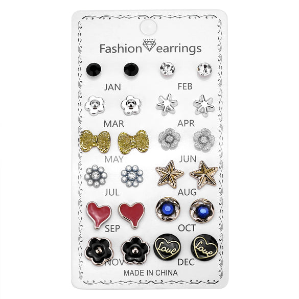 Round Rhinestone Crystal Flower Alloy Earrings Electroplated Set On Paper Card For Women