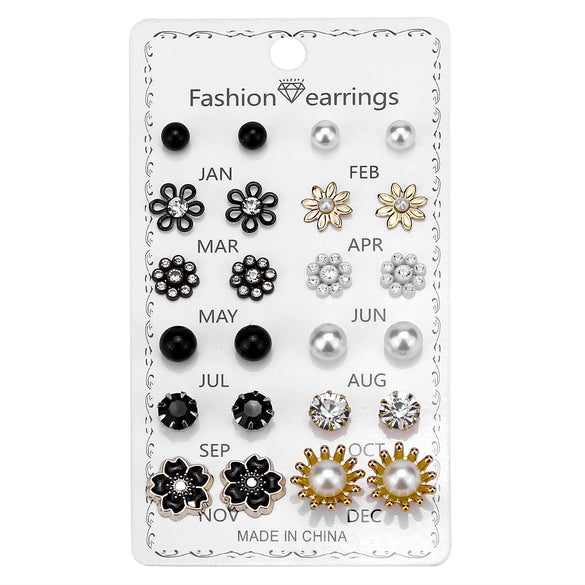 Round Rhinestone Crystal Flower Alloy Earrings Electroplated Set On Paper Card For Women