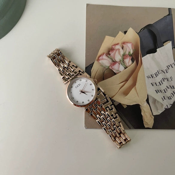 Round Small Dial Diamond Alloy Belt Watch For Women Simple Elegant And French Retro Style