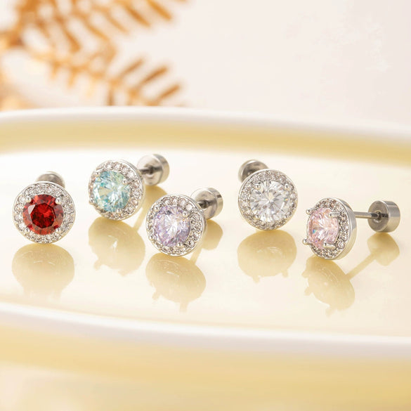 Round Zircon Earrings Titanium Steel Heart And Arrow Geometric Sweet Style