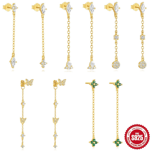S925 Silver Geometric Butterfly Four Leaf Clover Tassel Stacked Earrings With Electroplating And Diamond Encrusted For Women