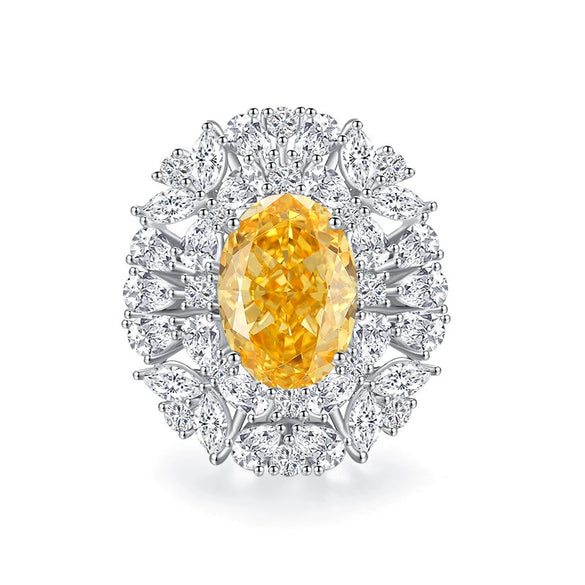 S925 Silver Ice Flower Cut Yellow Diamond Ring Light Luxury Drop Shape Design