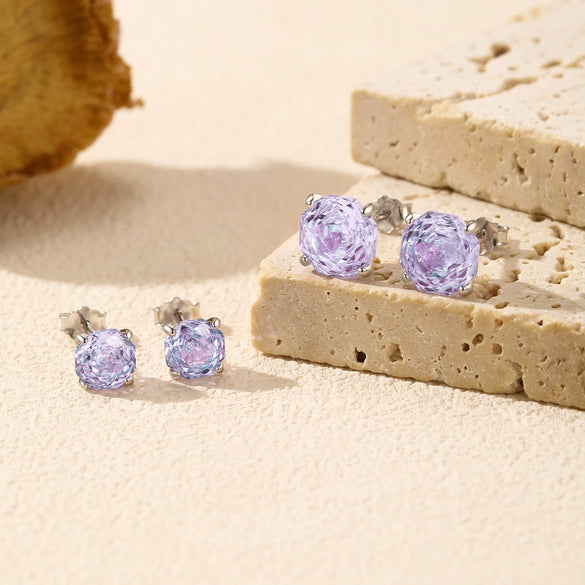 S925 Silver Imitation Amethyst Flower Cut Four Claw Diamond Earrings For Women