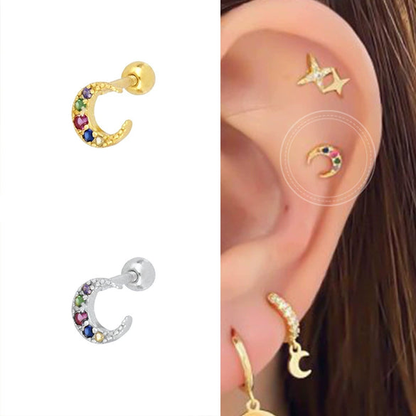 S925 Silver Microinlaid Colorful Zircon Cshaped Crescent Earrings