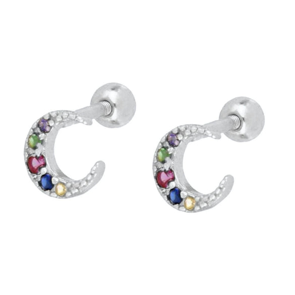 S925 Silver Microinlaid Colorful Zircon Cshaped Crescent Earrings