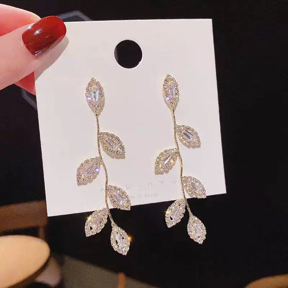 S925 Silver Needle Long Leaf Tassel Earrings With Zircon For Women Alloy Material With Electroplating Treatment