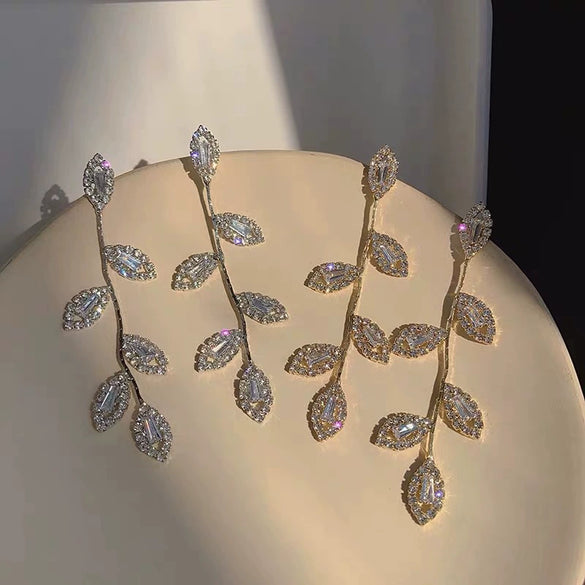 S925 Silver Needle Long Leaf Tassel Earrings With Zircon For Women Alloy Material With Electroplating Treatment