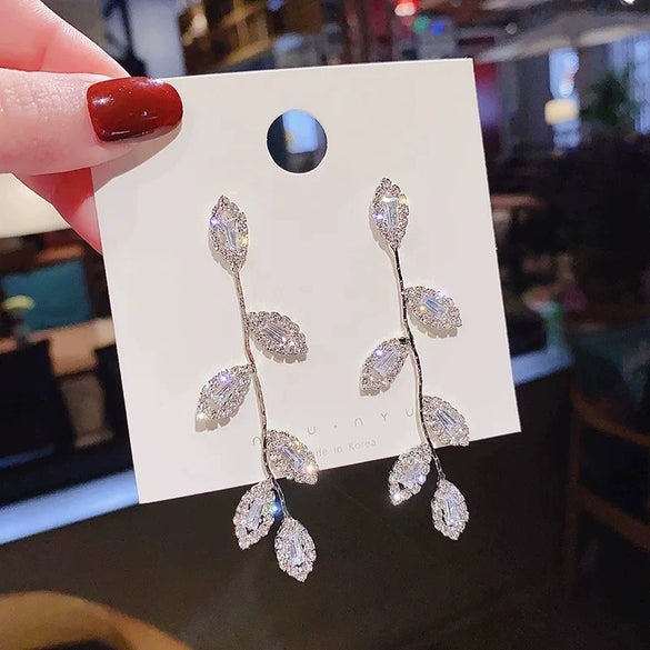S925 Silver Needle Long Leaf Tassel Earrings With Zircon For Women Alloy Material With Electroplating Treatment