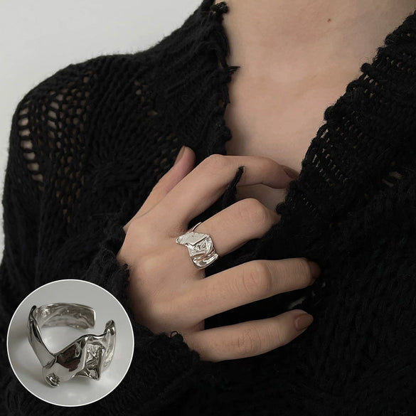 S925 Silver Plated Wide Brimmed Retro Fashion Heavy Industry Geometric Wave Open Finger Ring For Women Copper Material With Electroplating