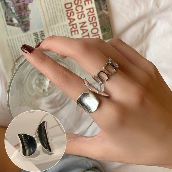 S925 Silver Plated Wide Brimmed Retro Fashion Heavy Industry Geometric Wave Open Finger Ring For Women Copper Material With Electroplating