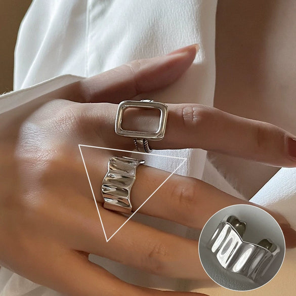 S925 Silver Plated Wide Brimmed Retro Fashion Heavy Industry Geometric Wave Open Finger Ring For Women Copper Material With Electroplating