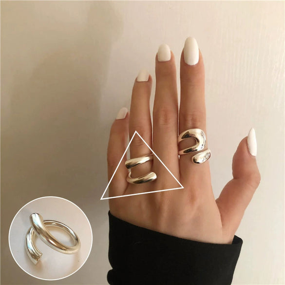 S925 Silver Plated Wide Brimmed Retro Fashion Heavy Industry Geometric Wave Open Finger Ring For Women Copper Material With Electroplating