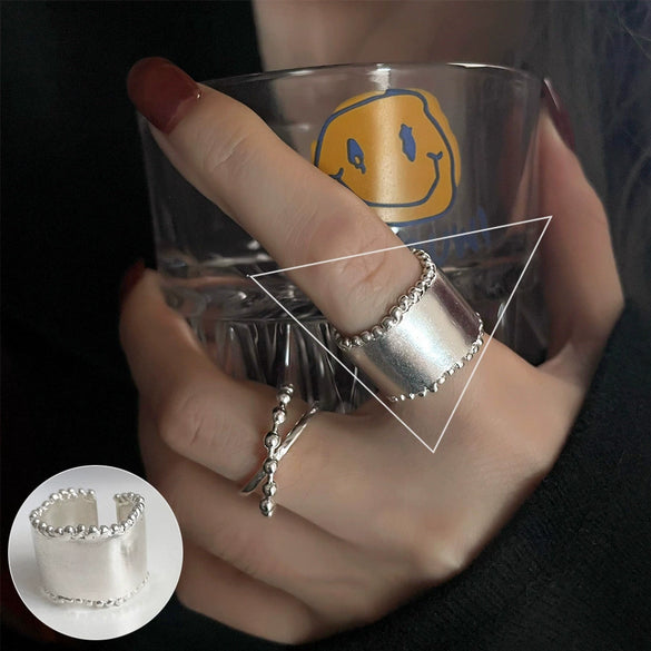 S925 Silver Plated Wide Brimmed Retro Fashion Heavy Industry Geometric Wave Open Finger Ring For Women Copper Material With Electroplating