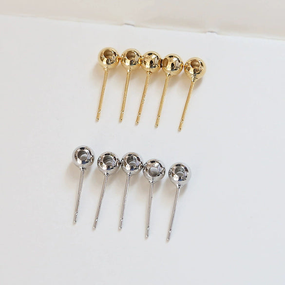 S925 Silver Real Gold Plated Round Bead Perforable Earrings Diy Accessories