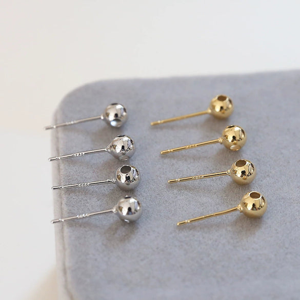 S925 Silver Real Gold Plated Round Bead Perforable Earrings Diy Accessories